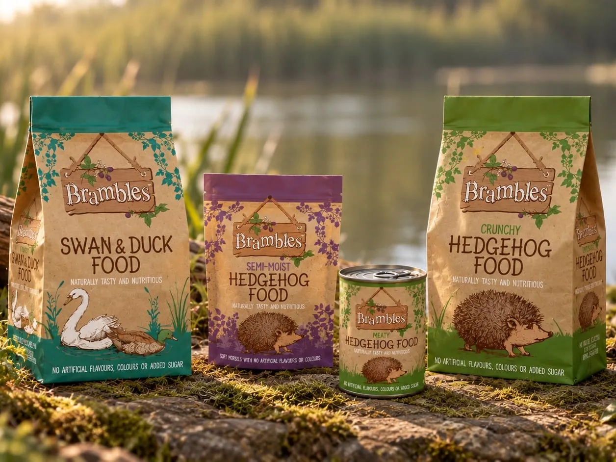 Brambles swan and duck food, semi-moist hedgehog food, meaty hedgehog food in a can and crunchy hedgehog food, on a mossy bank by a lake.