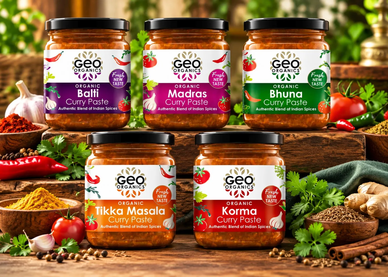 Five Geo Organics curry paste jars: Balti, Madras, Bhuna, Tikka Masala and Korma, with spices, chillies and herbs.