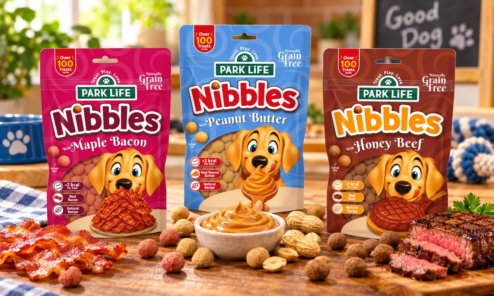 Three Park Life Nibbles dog treat pouches: Maple Bacon, Peanut Butter and Honey Beef, on a wooden table with bacon, peanut butter, peanuts and sliced steak.