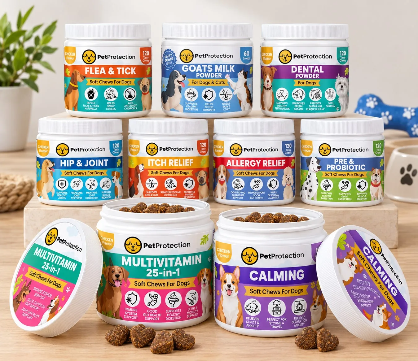 PetProtection soft chews and powders for dogs in stacked tubs, including flea and tick, goats milk, dental, hip and joint, multivitamin and calming.